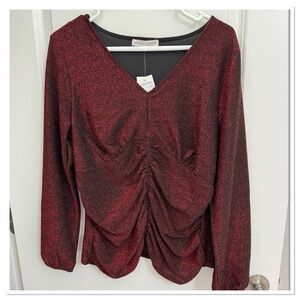 NWT Madison & Hudson Holiday Top Elegant Red Glitter V-Neck Top